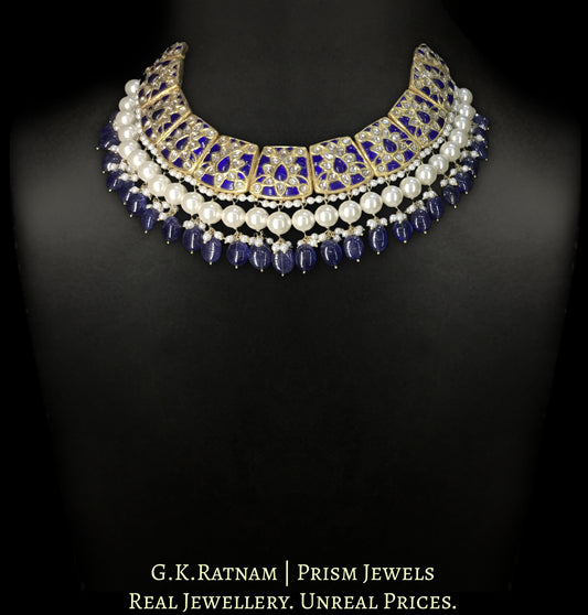 23k Gold and Diamond Polki Necklace Set with Blue Sapphires embedded around Uncuts - G. K. Ratnam