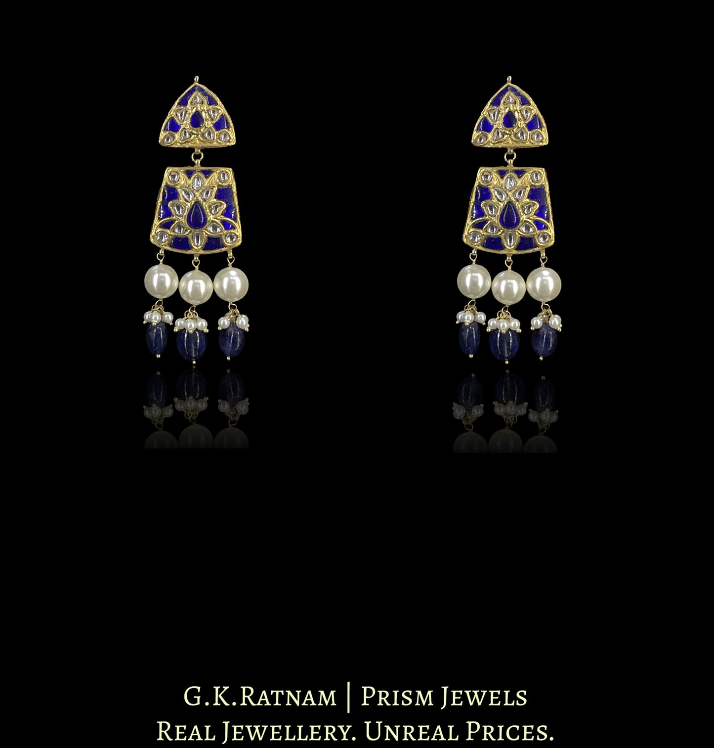 23k Gold and Diamond Polki Necklace Set with Blue Sapphires embedded around Uncuts - G. K. Ratnam