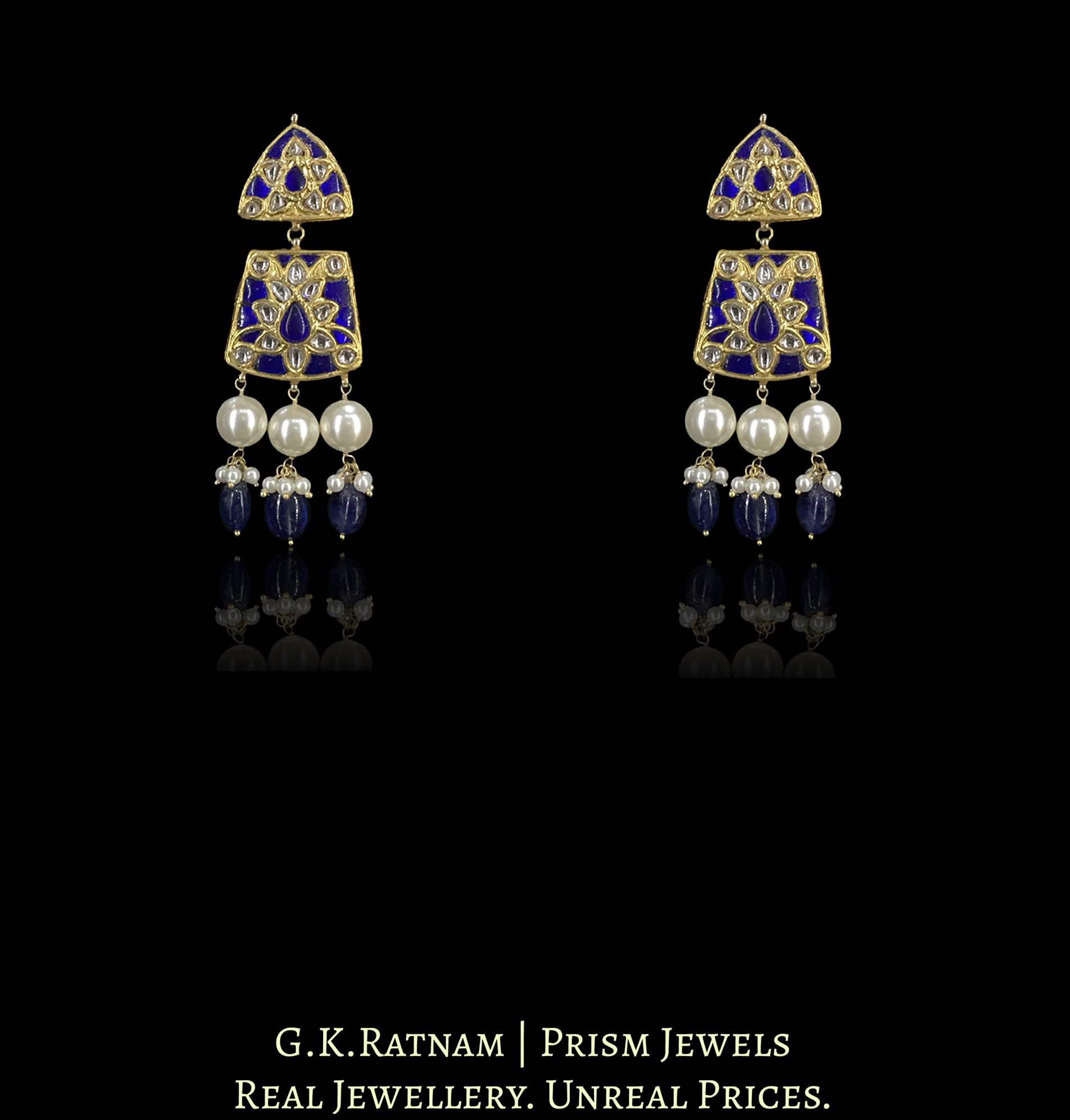 23k Gold and Diamond Polki Necklace Set with Blue Sapphires embedded around Uncuts - G. K. Ratnam