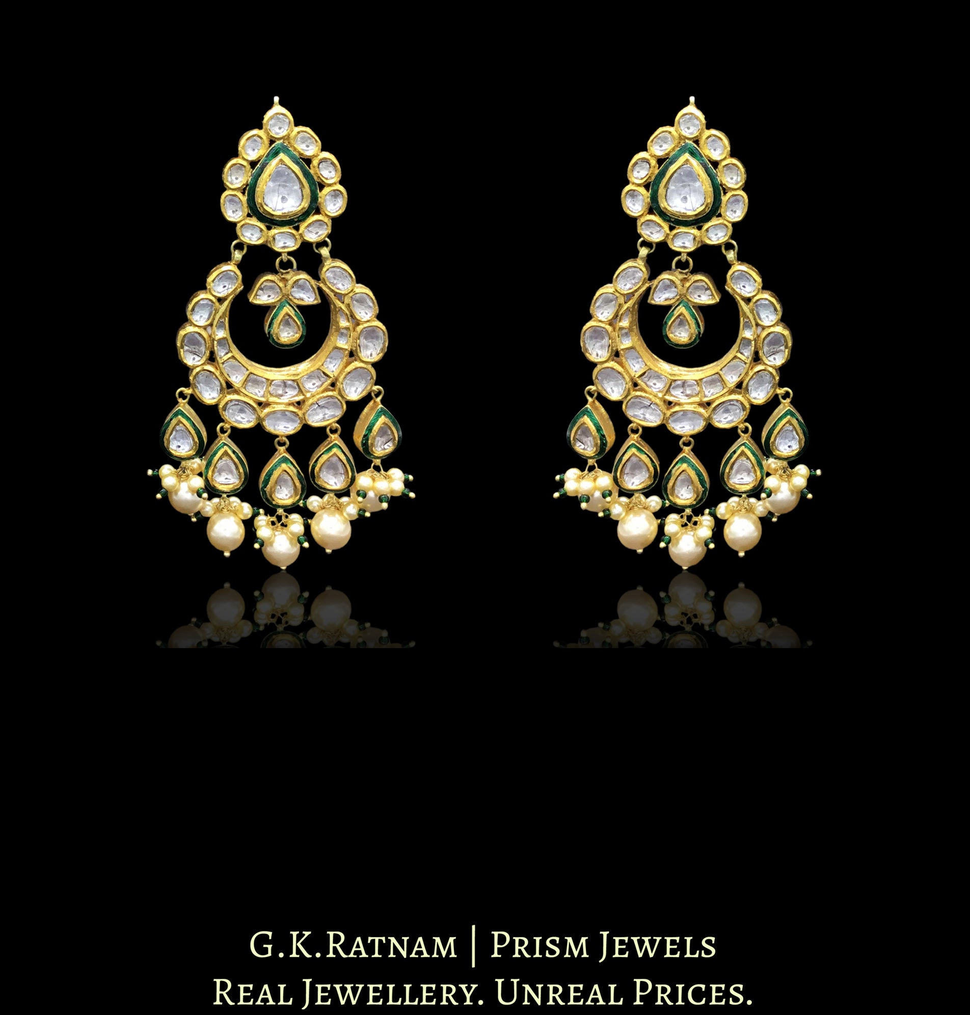 18k Gold and Diamond Polki Chand Bali Earring Pair with subtle green enamelling - G. K. Ratnam
