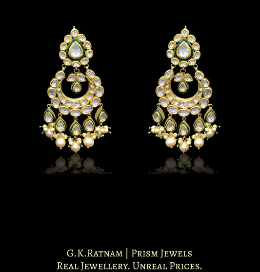 18k Gold and Diamond Polki Chand Bali Earring Pair with subtle green enamelling - G. K. Ratnam