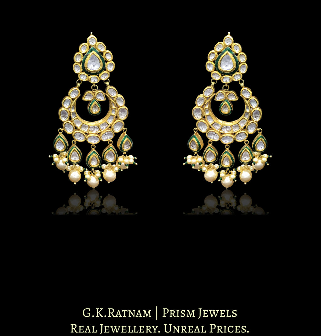 18k Gold and Diamond Polki Chand Bali Earring Pair with subtle green enamelling - G. K. Ratnam
