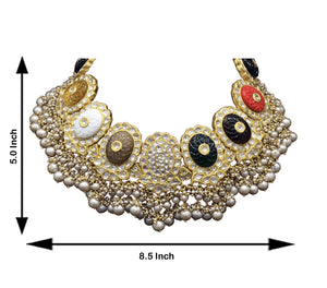 23k Gold and Diamond Polki Navratna Necklace Set with Antiqued Freshwater Pearls