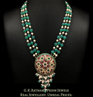 23k Gold and Diamond Polki red-green round Pendant with carved melons and pearls