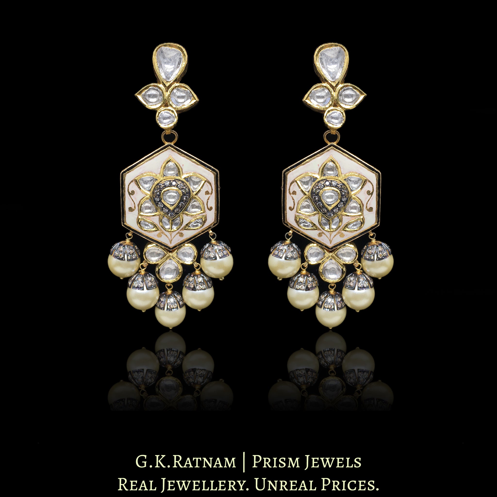 22k Gold and Diamond Polki reversible Long Earring Pair with Pearls