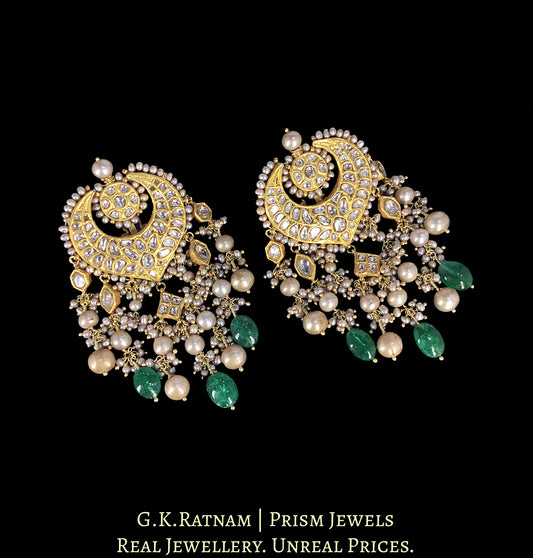 23k Gold and Diamond Polki Chand Bali Earring Pair with Antiqued Hyderabadi Pearls and Green Beryls