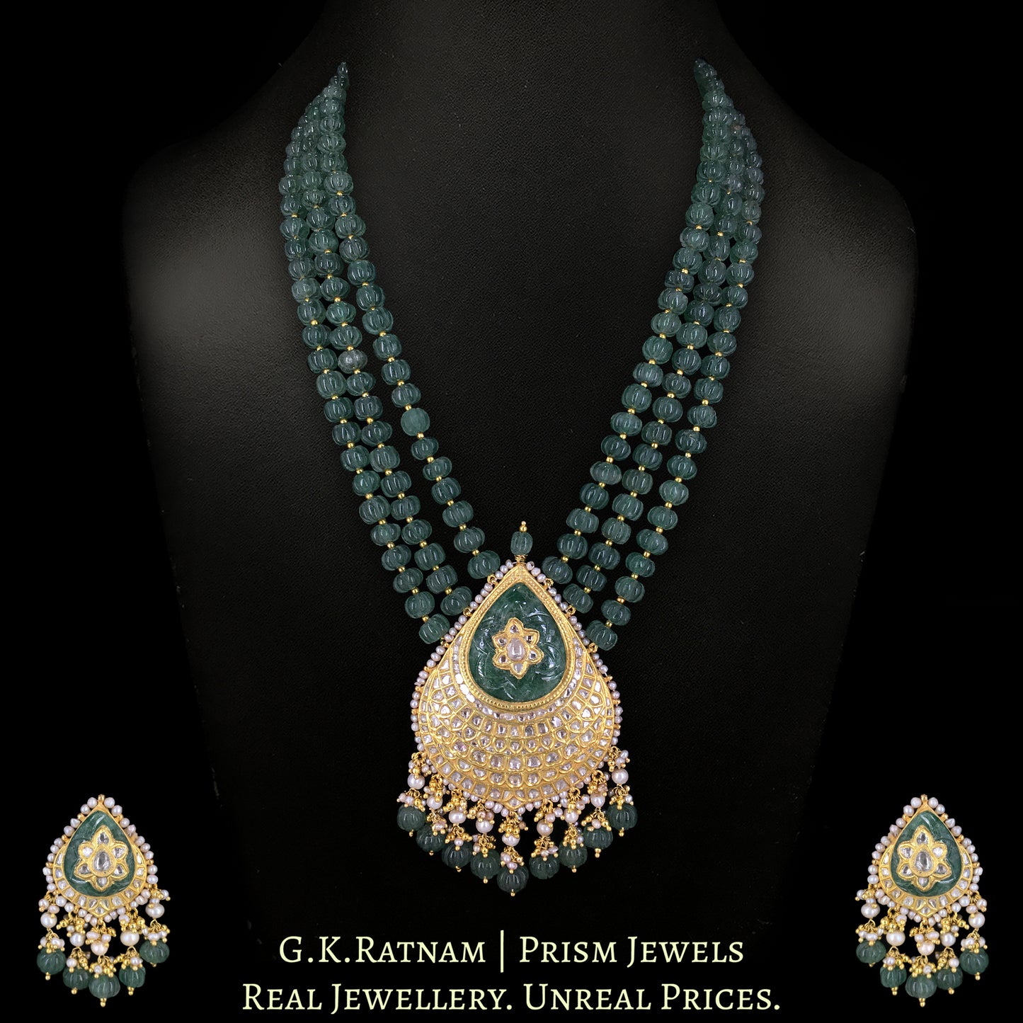 23k Gold and Diamond Polki Pendant Set enhanced with Strawberry Quartz Melons