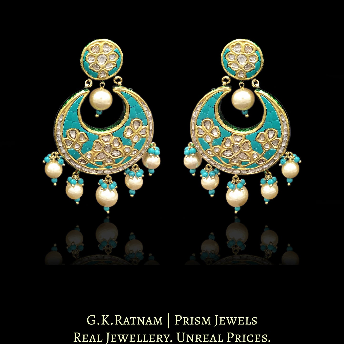 23k Gold and DIamond Polki Chand Bali Earring Pair with Turquoise Setting - G. K. Ratnam