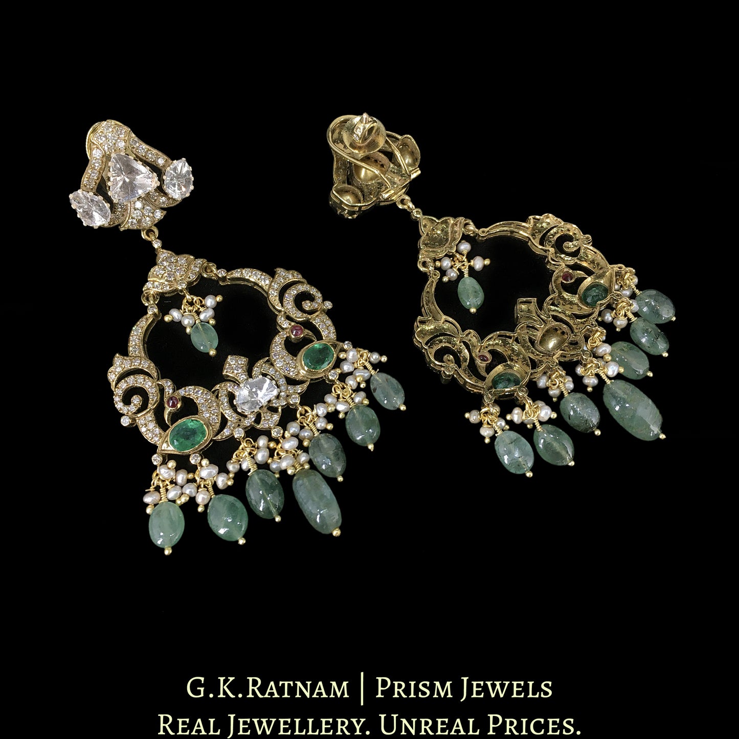 14k Gold and Diamond Polki Open Setting Chand Bali Earring Pair with Natural Emeralds