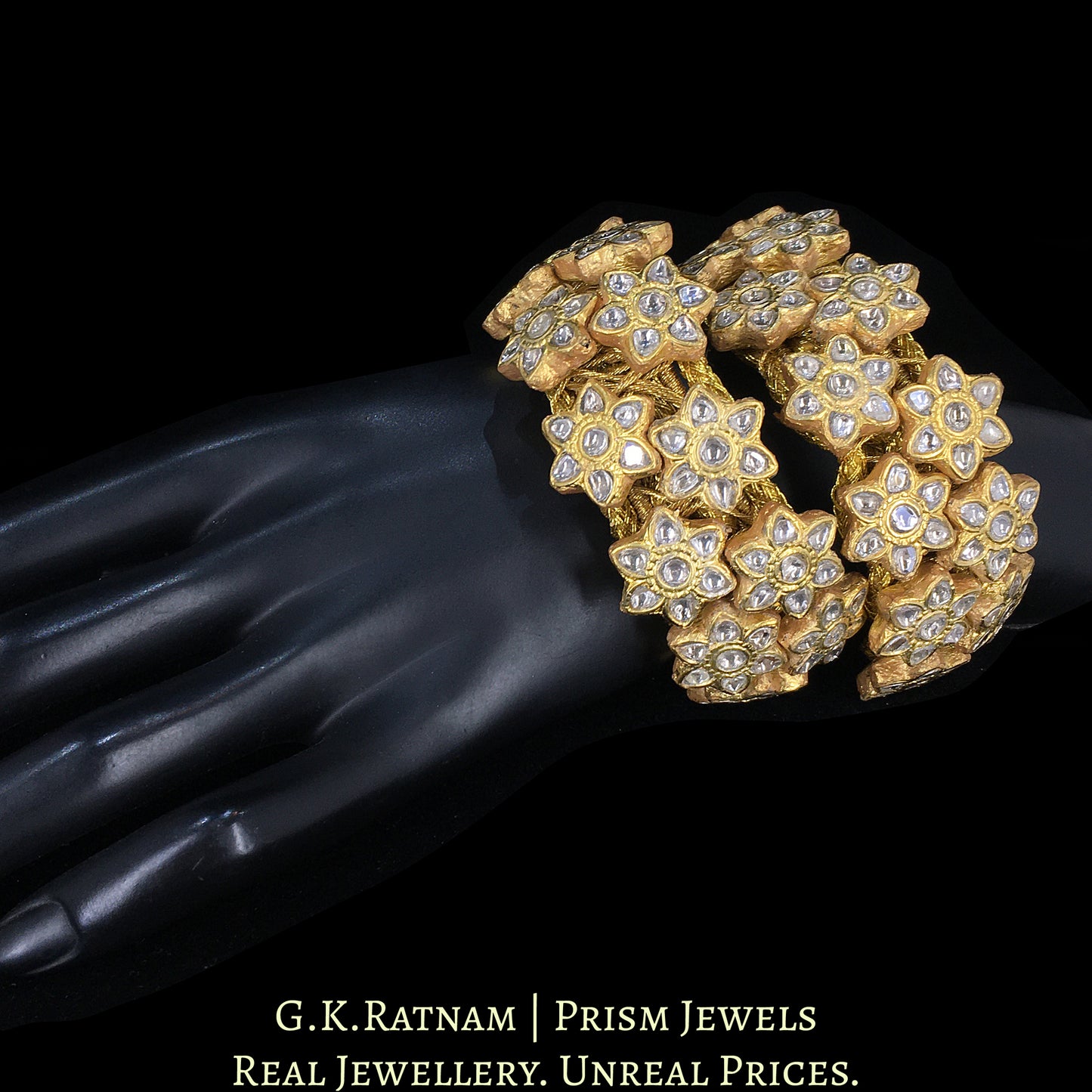 23k Gold and Diamond Polki Bracelet Pair (Paunchi / Ponchi) with Stars