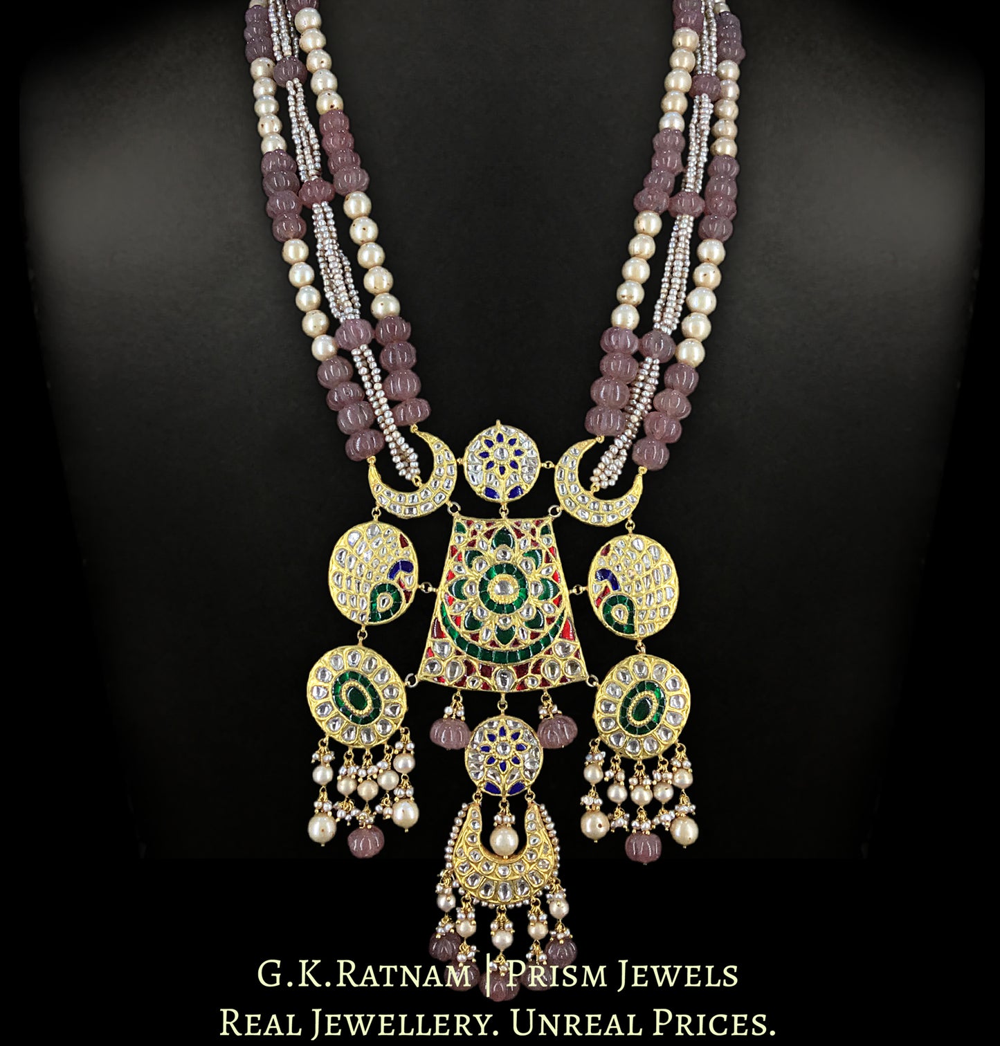 23k Gold and Diamond Polki Hybrid Pendant enhanced with pinkish-red Melons and Antiqued Freshwater Pearls