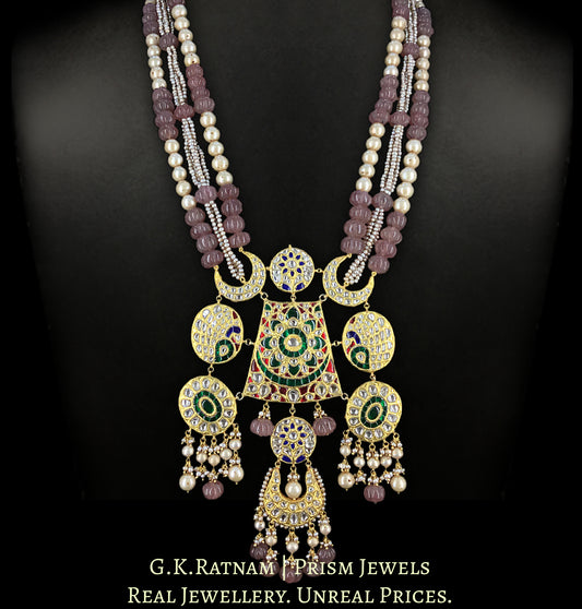 23k Gold and Diamond Polki Hybrid Pendant enhanced with pinkish-red Melons and Antiqued Freshwater Pearls