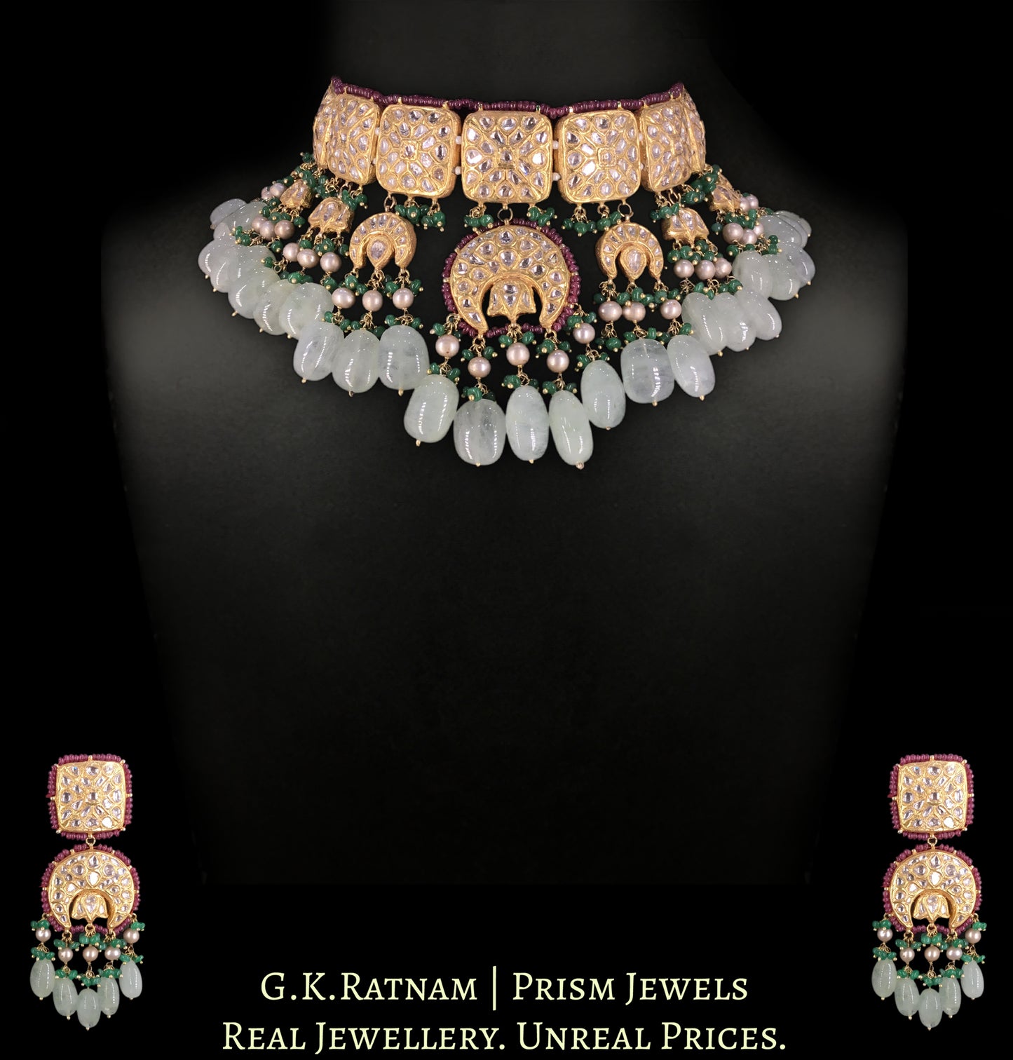 23k Gold and Diamond Polki Choker Necklace Set with Russian Emeralds