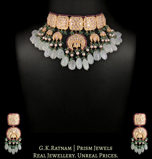 23k Gold and Diamond Polki Choker Necklace Set with Russian Emeralds - G. K. Ratnam