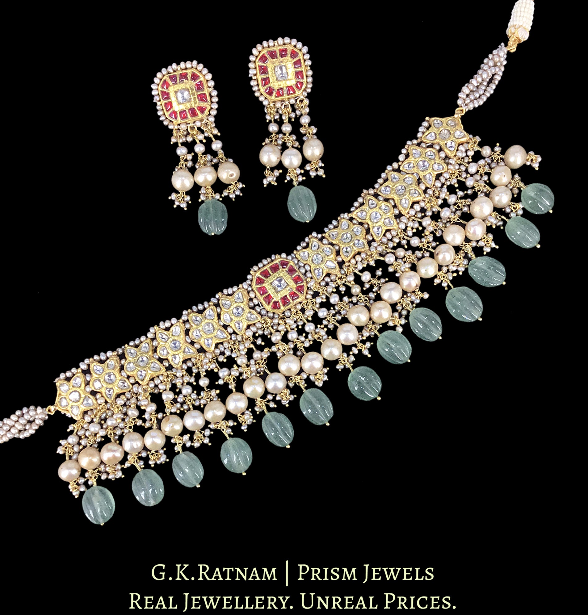 23k Gold and Diamond Polki Choker Necklace Set enhanced with Antiqued Freshwater Pearls and Green Strawberry Quartz Melons