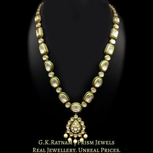 18k Gold and Diamond Polki Necklace Set with big uncuts surrounded by green enamelling