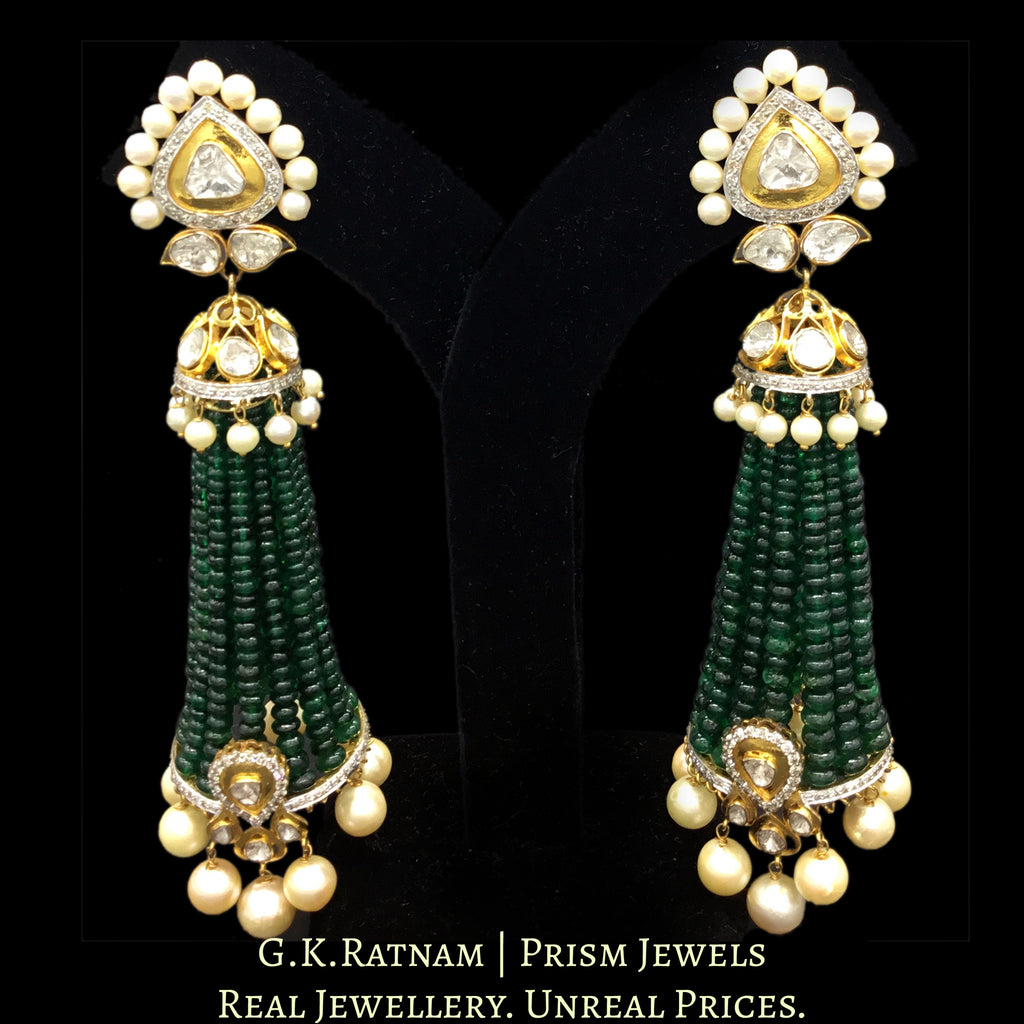 14k Gold and Diamond Polki Open Setting Long Jhumki Earring Pair With Emerald-Grade Green Beryls