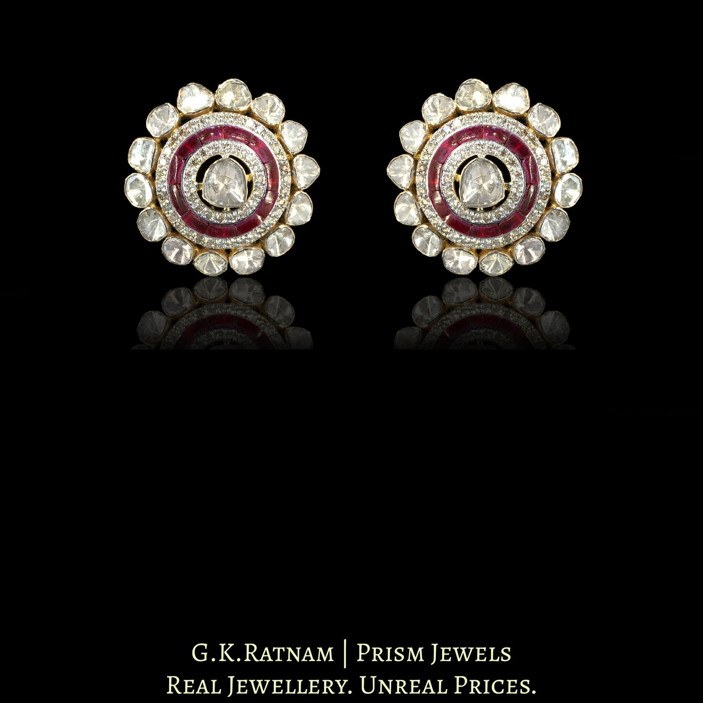 18k Gold and Diamond Polki Open Setting Karnfool Earring Pair with Rubies - G. K. Ratnam