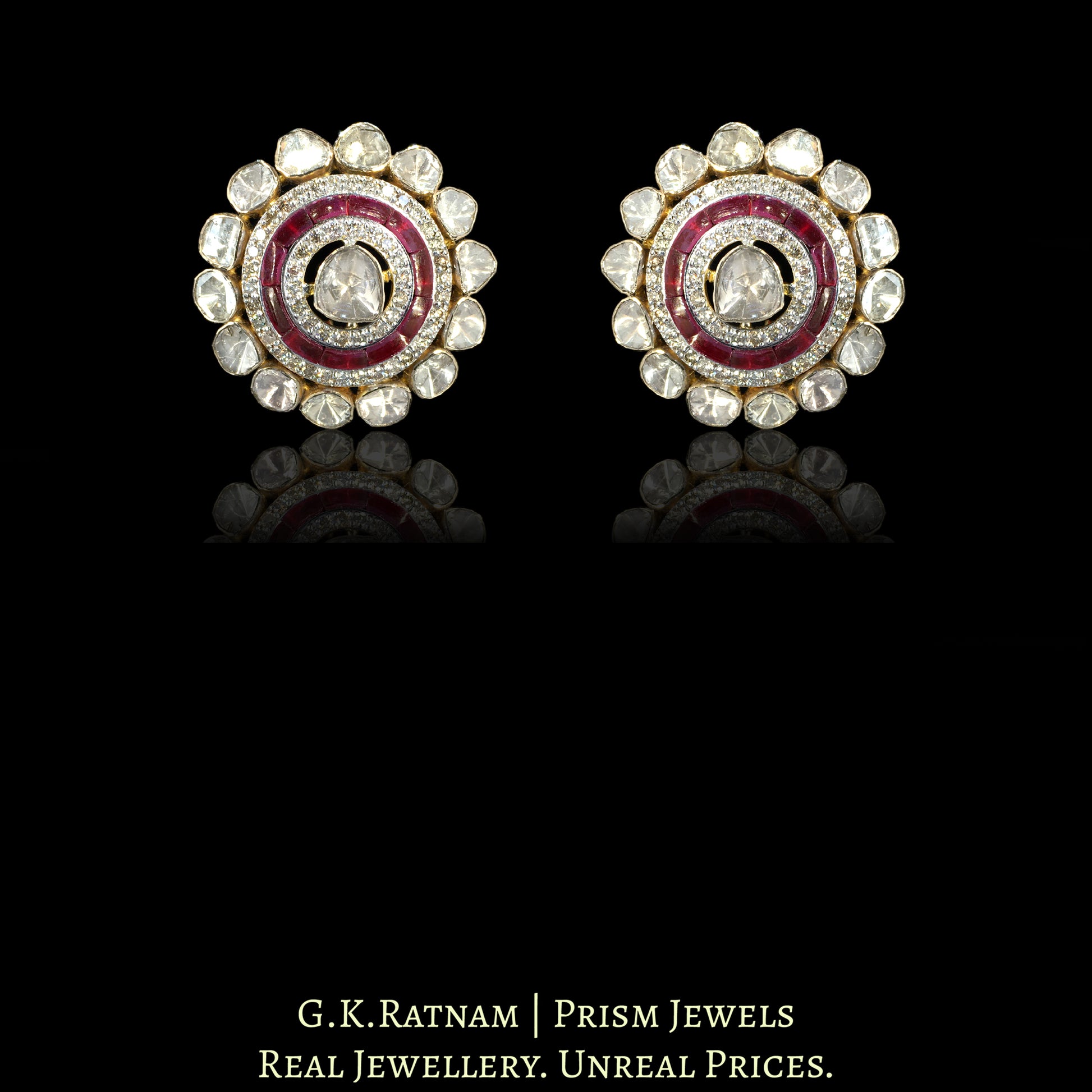 18k Gold and Diamond Polki Open Setting Karnfool Earring Pair with Rubies - G. K. Ratnam