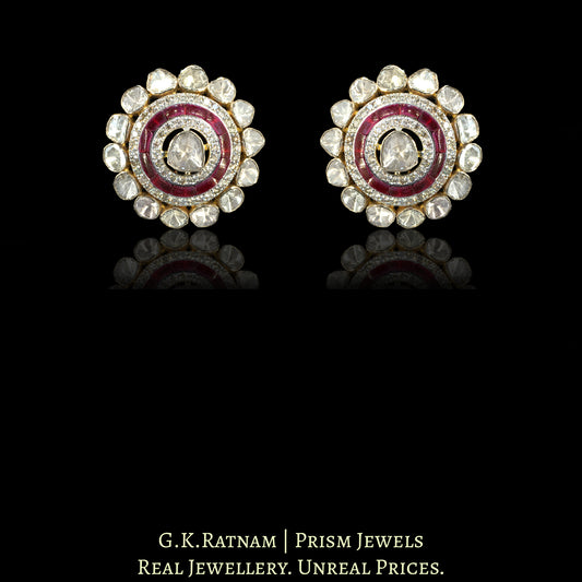 18k Gold and Diamond Polki Open Setting Karnfool Earring Pair with Rubies - G. K. Ratnam