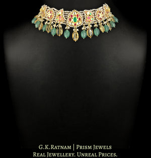 18k Gold And Diamond Polki Choker Necklace Set strung in Antiqued Hyderabadi Pearls