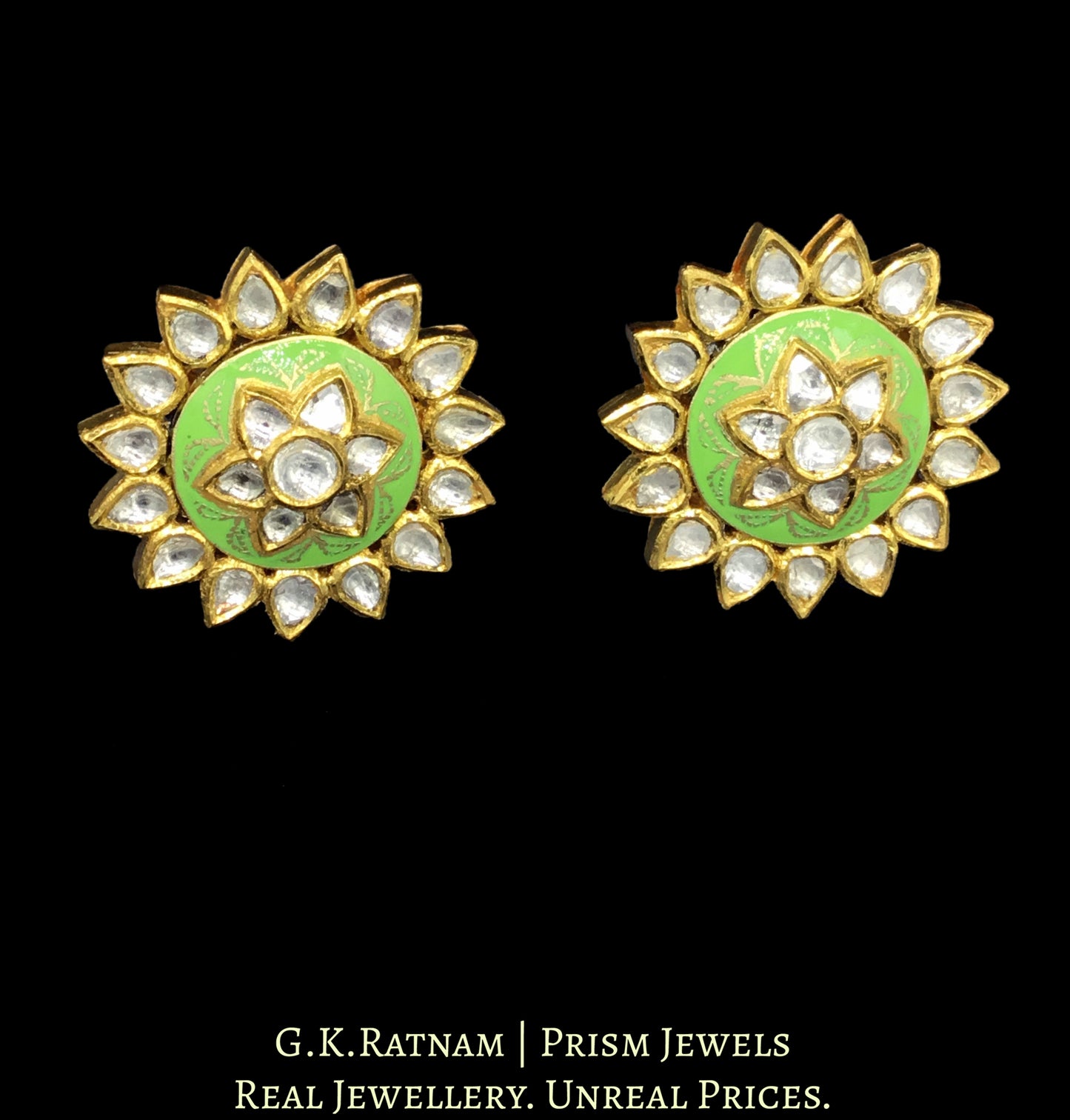 18k Gold and Diamond Polki peridot-green enamel Karanphool Earring Pair - G. K. Ratnam