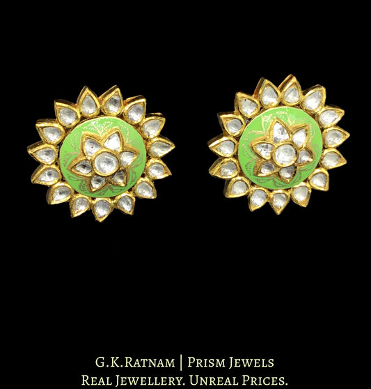 18k Gold and Diamond Polki peridot-green enamel Karanphool Earring Pair - G. K. Ratnam