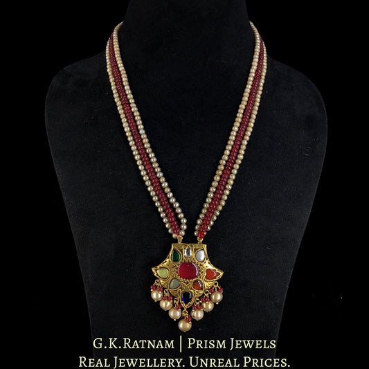 23k Gold and Diamond Polki fan-shaped Navratna Pendant With Rubies and Antiqued Freshwater Pearls - G. K. Ratnam