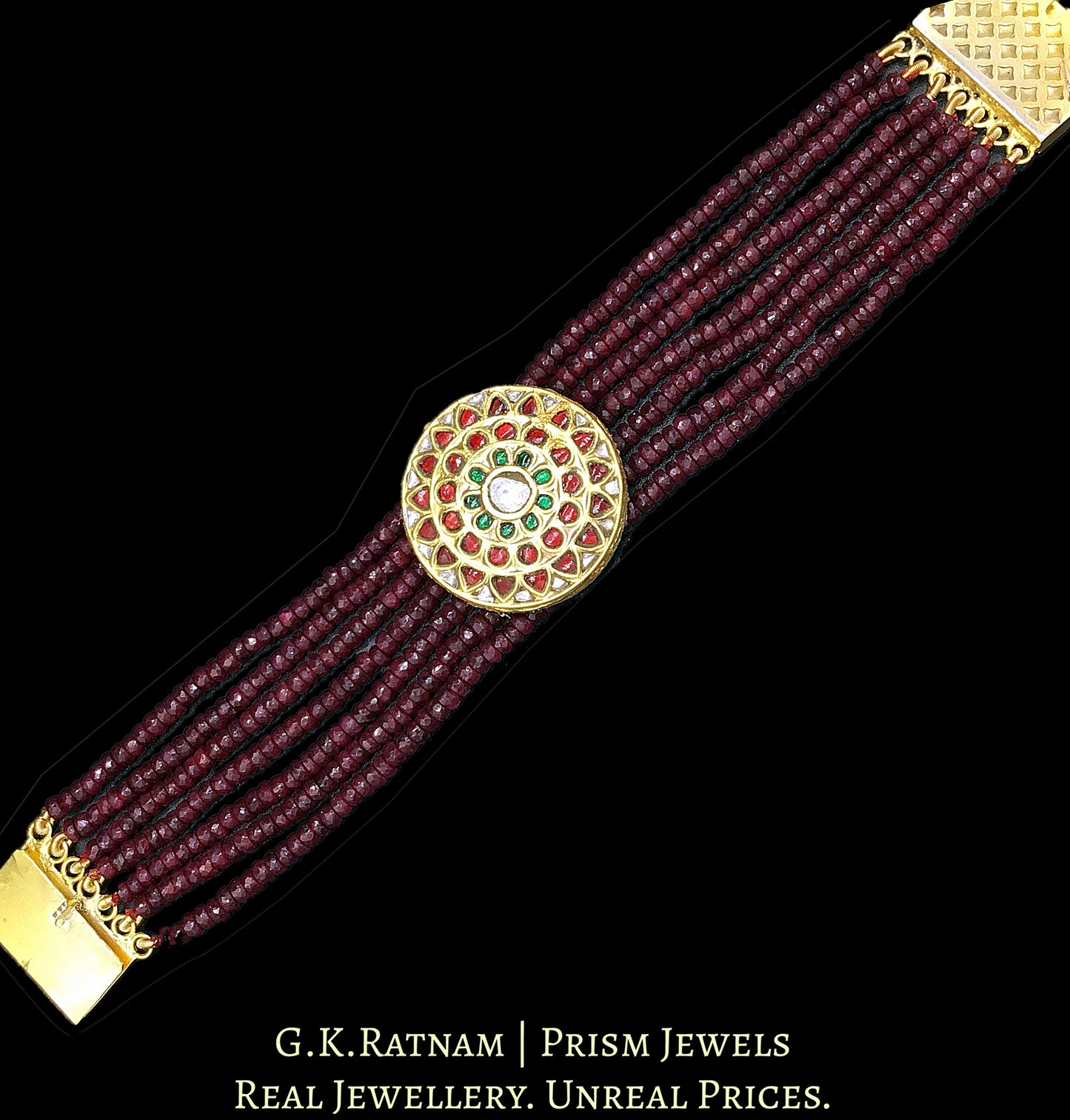 23k Gold and Diamond Polki watch-like Bracelet with Rubies - G. K. Ratnam
