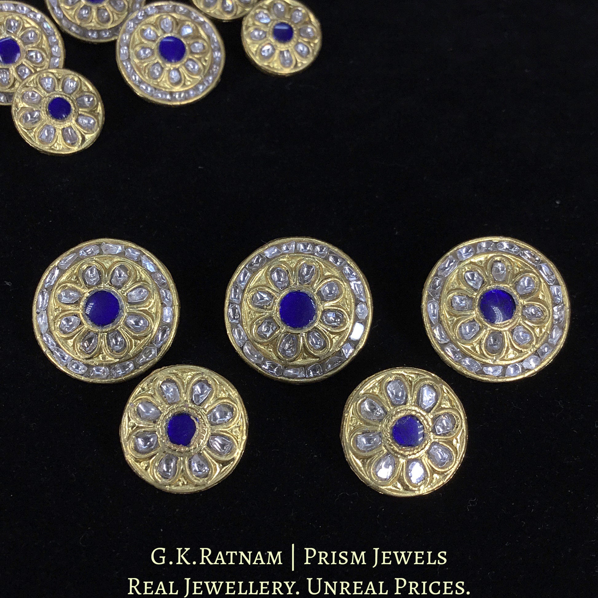 23k Gold and Diamond Polki Sherwani Buttons for Men with Blue Center - G. K. Ratnam