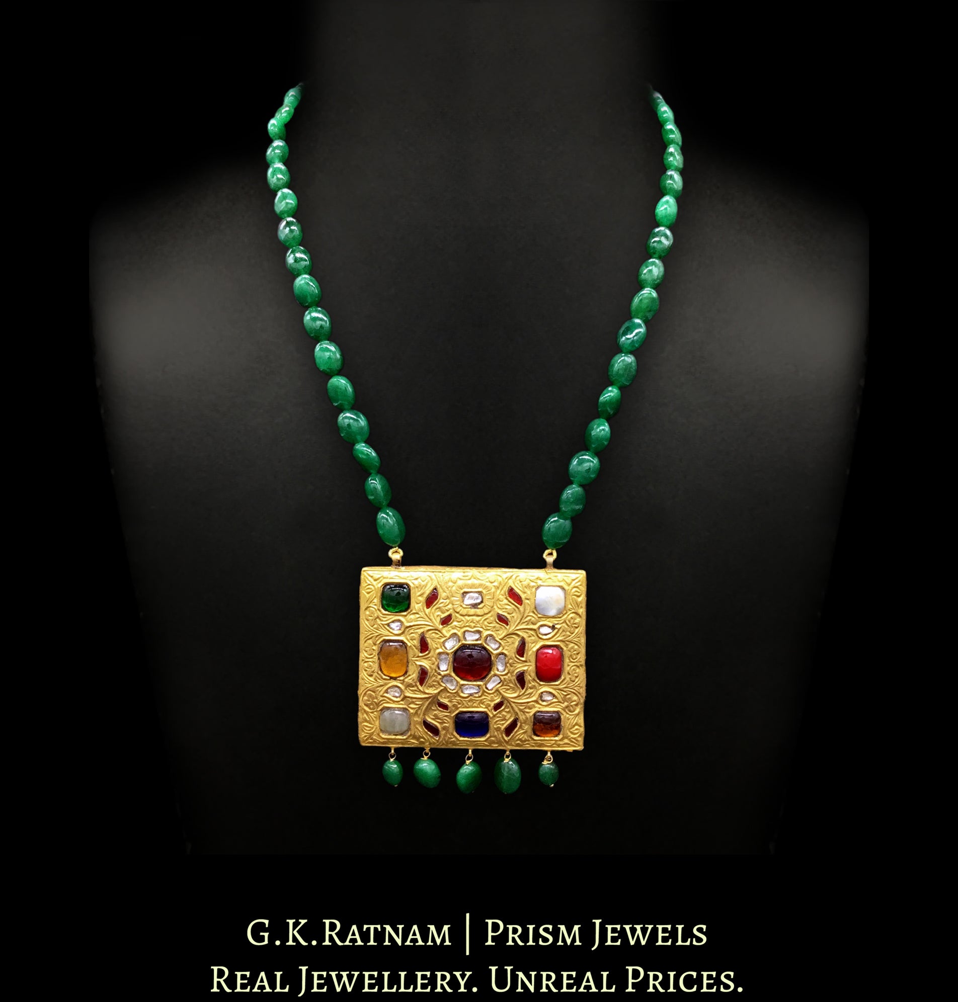 23k Gold and Diamond Polki rectangle Navratna Pendant with fine goldwork - G. K. Ratnam