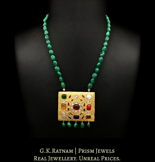 23k Gold and Diamond Polki rectangle Navratna Pendant with fine goldwork - G. K. Ratnam