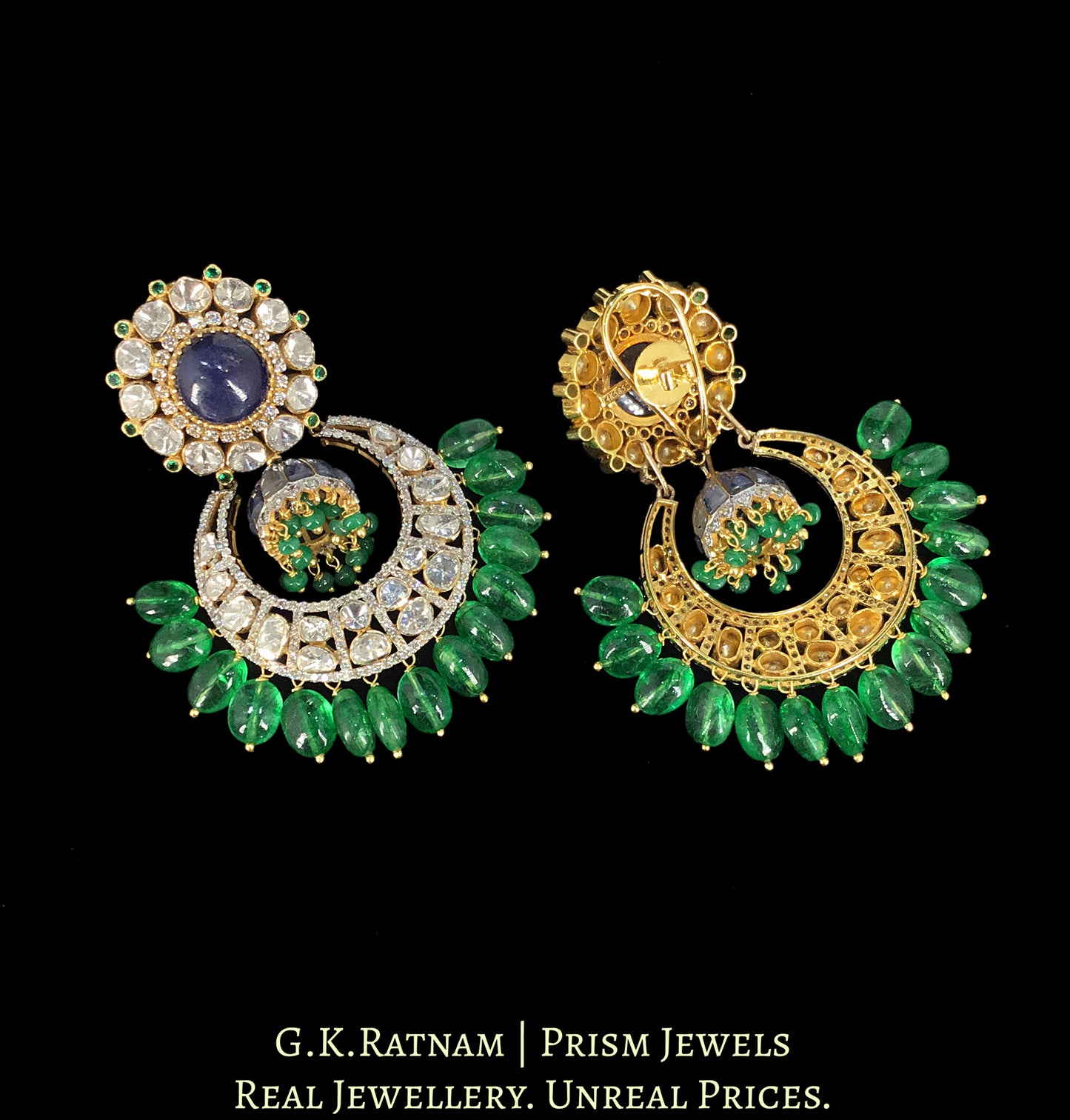 14k Gold And Diamond Polki Open Setting Chand Bali Earring Pair With detachable Blue Sapphire Jhumkis