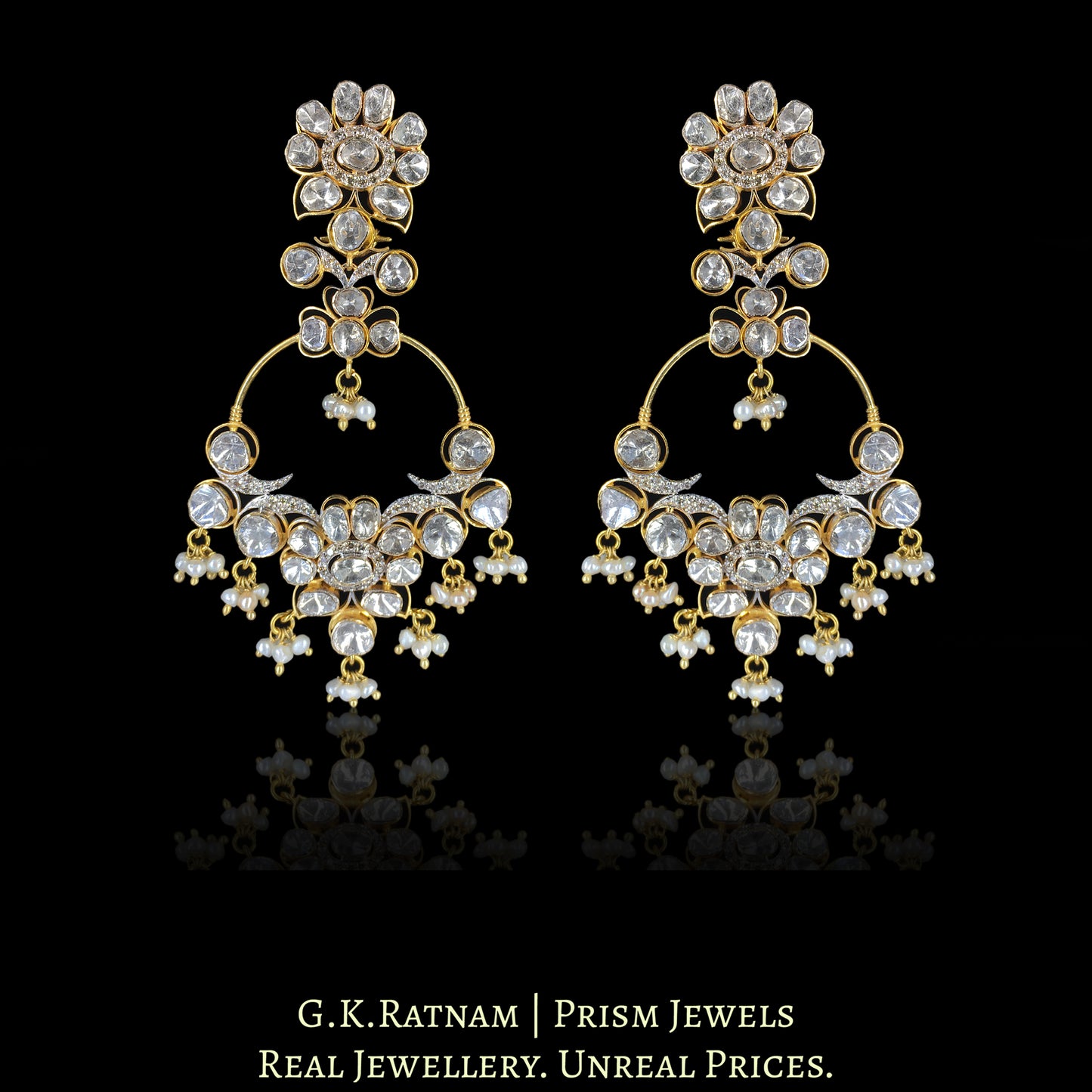 14k Gold and Diamond Polki Open Setting Chand Bali Earring Pair with Natural Freshwater Pearls - G. K. Ratnam