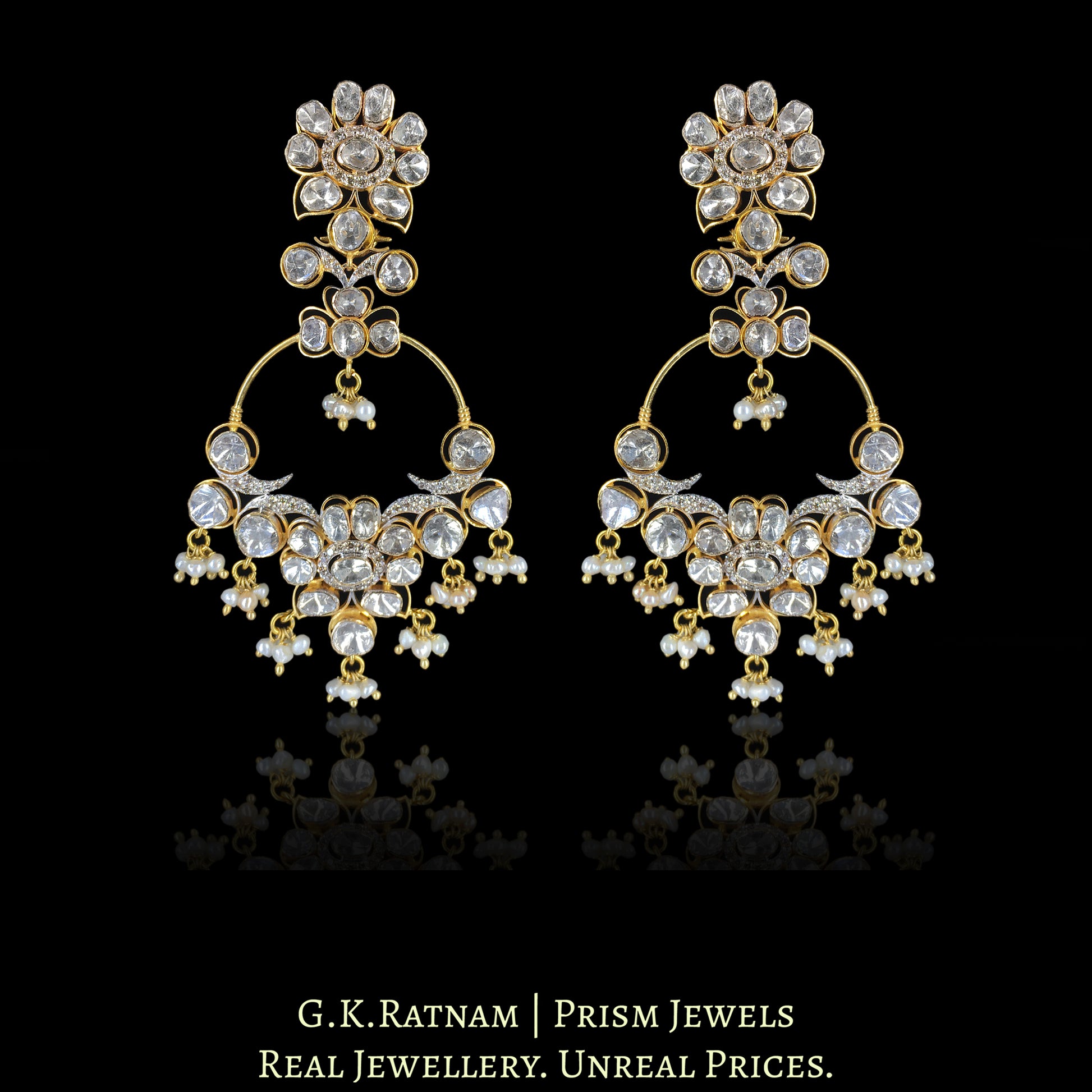 14k Gold and Diamond Polki Open Setting Chand Bali Earring Pair with Natural Freshwater Pearls - G. K. Ratnam