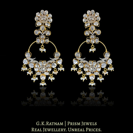 14k Gold and Diamond Polki Open Setting Chand Bali Earring Pair with Natural Freshwater Pearls - G. K. Ratnam
