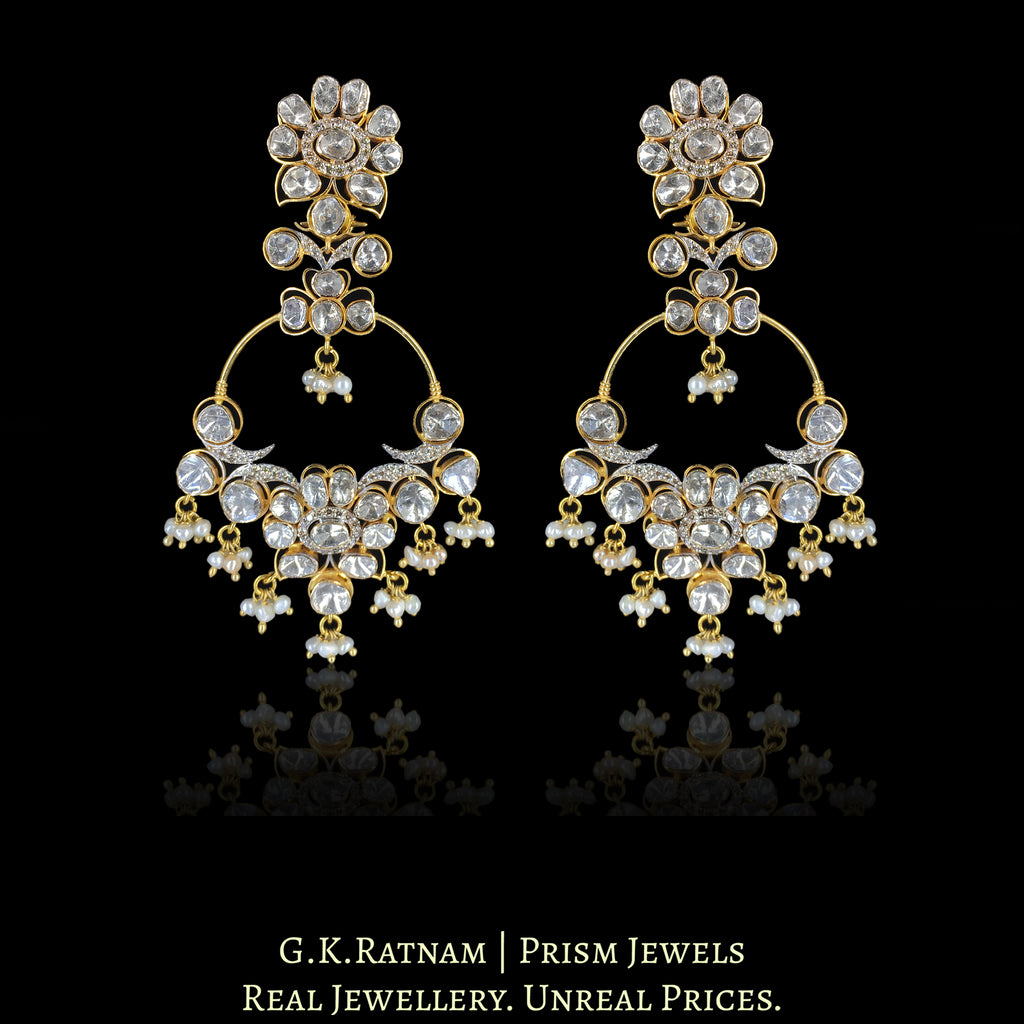 14k Gold and Diamond Polki Open Setting Chand Bali Earring Pair with Natural Freshwater Pearls