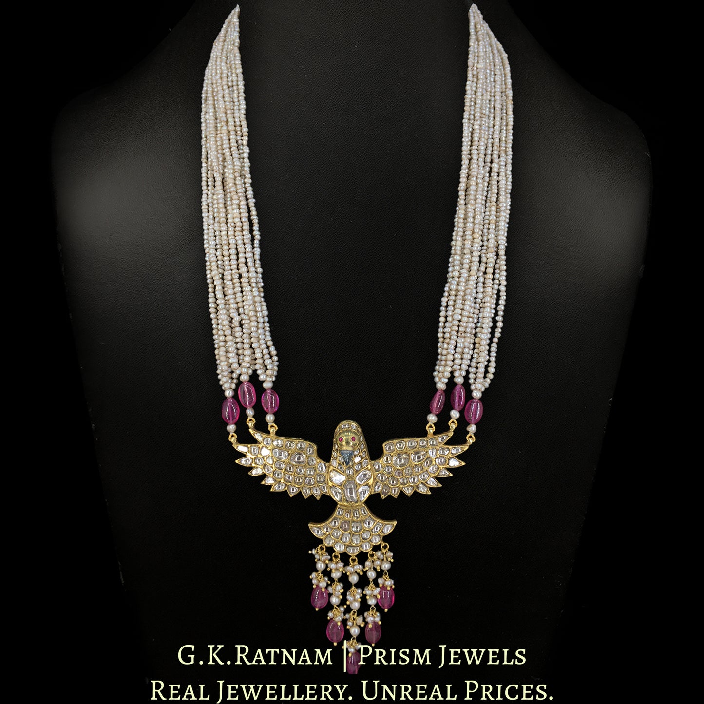 18k Gold and Diamond Polki Eagle Pendant with Antiqued Freshwater Pearls and Rubies