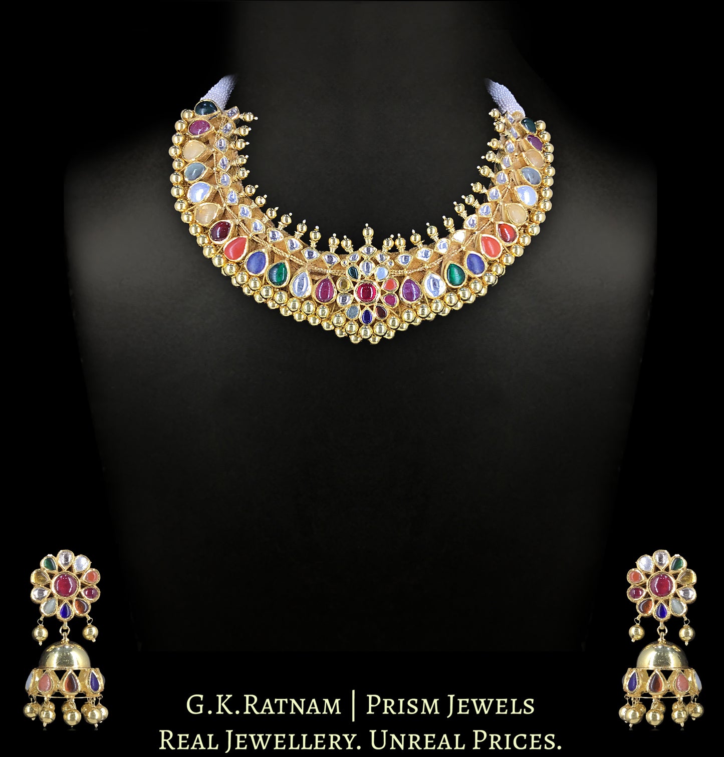 18k Gold and Diamond Polki Navratna tussi-style Necklace Set with Jhumkis