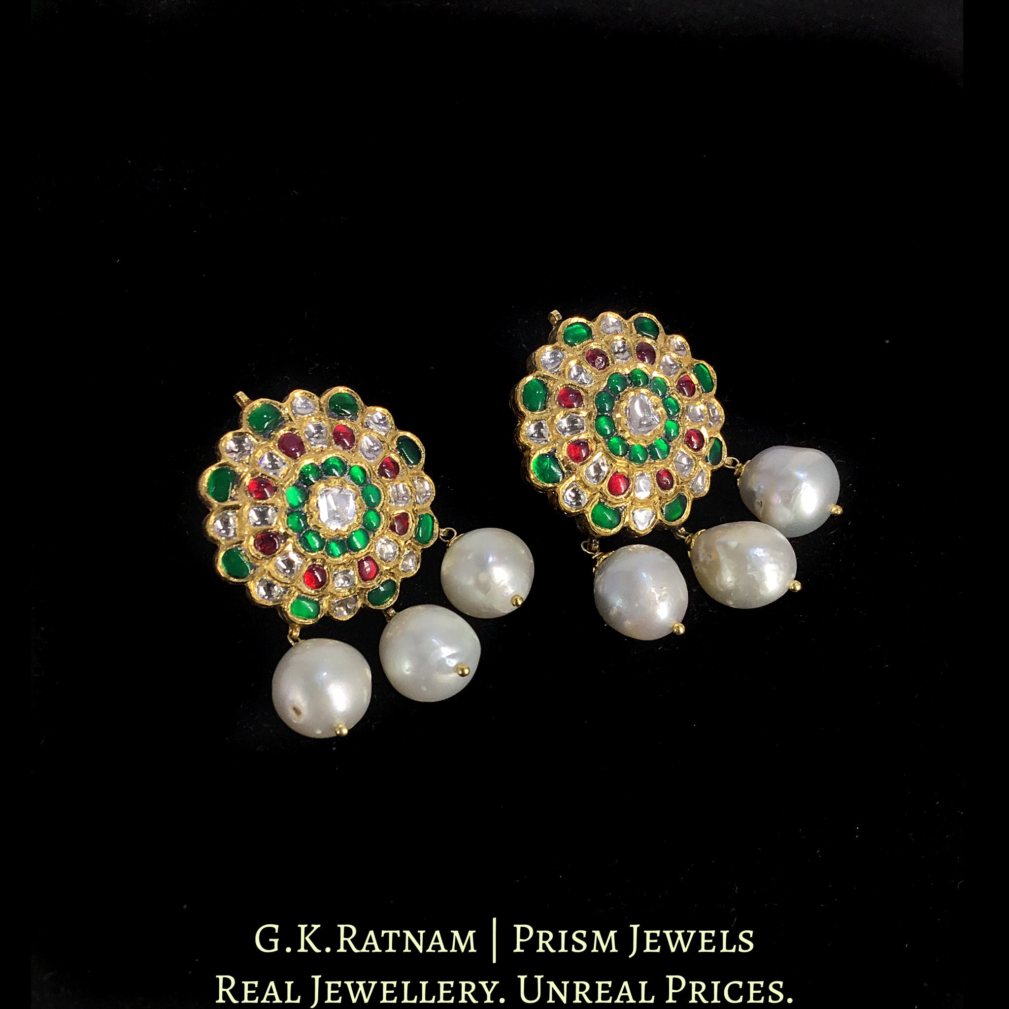 18k Gold and Diamond Polki south-style Karanphool Earring Pair with Rubies and Emeralds