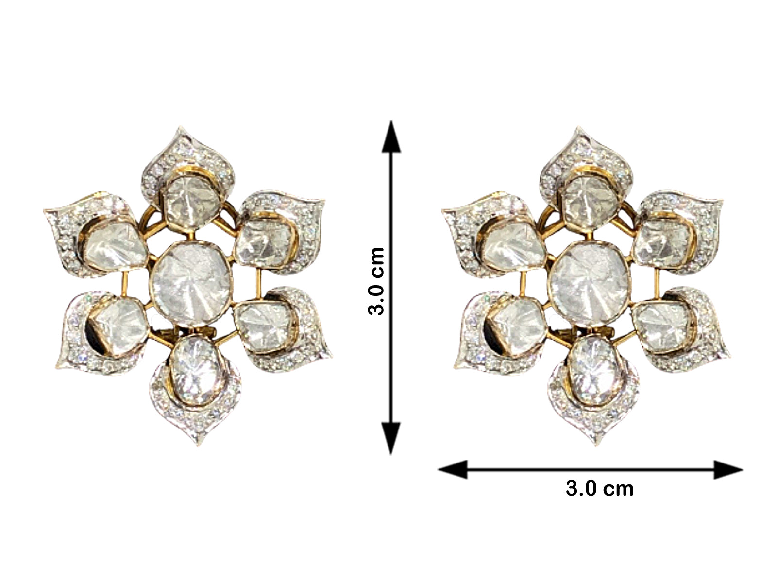 14k Gold and Diamond Polki Open Setting Flowery Karanphool Earring Pair