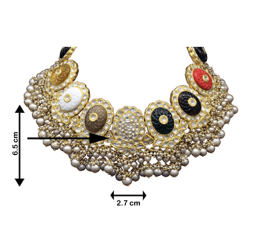 23k Gold and Diamond Polki Navratna Necklace Set with Antiqued Freshwater Pearls