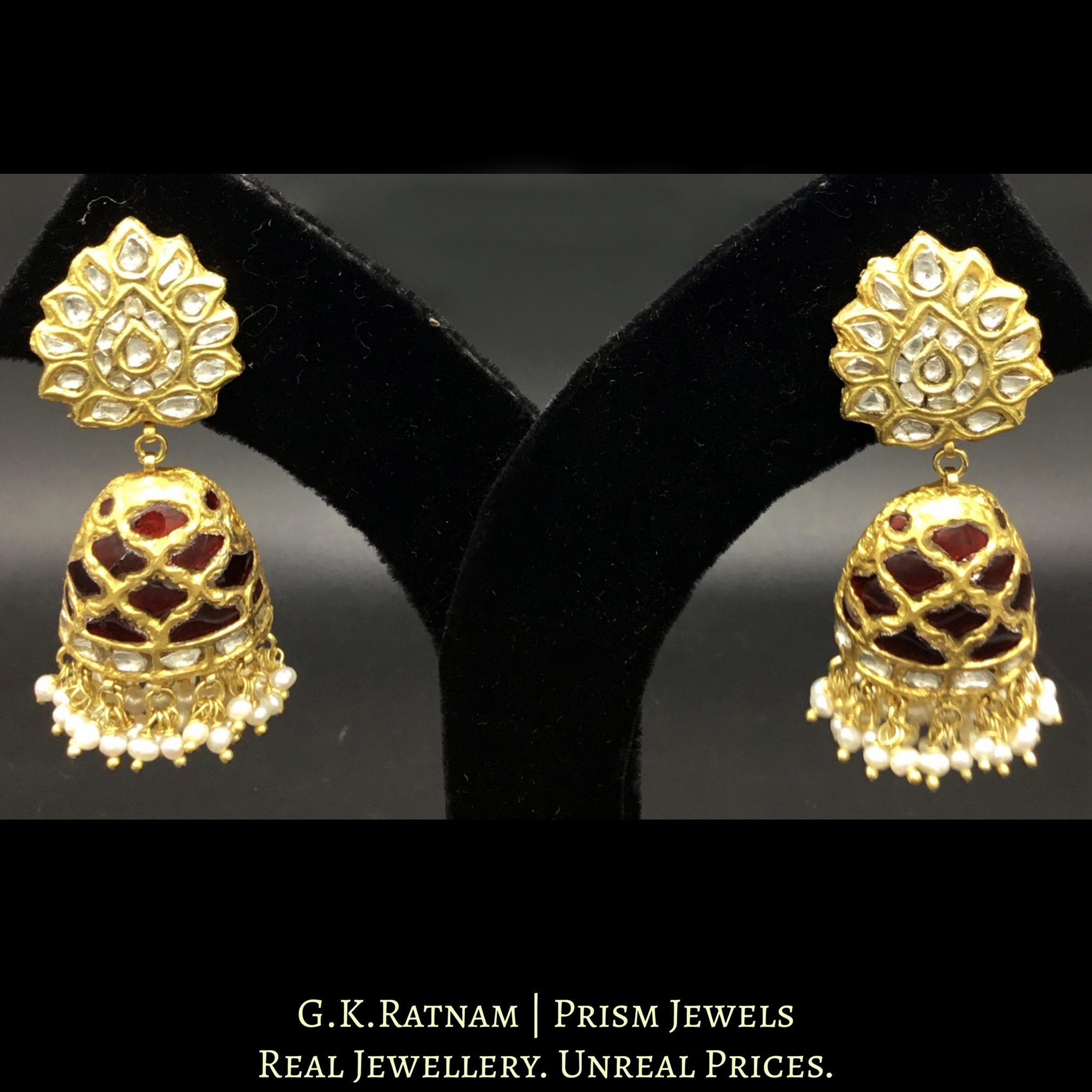 23k Gold and Diamond Polki Half-Jhumki Earring Pair with Lotus Tops