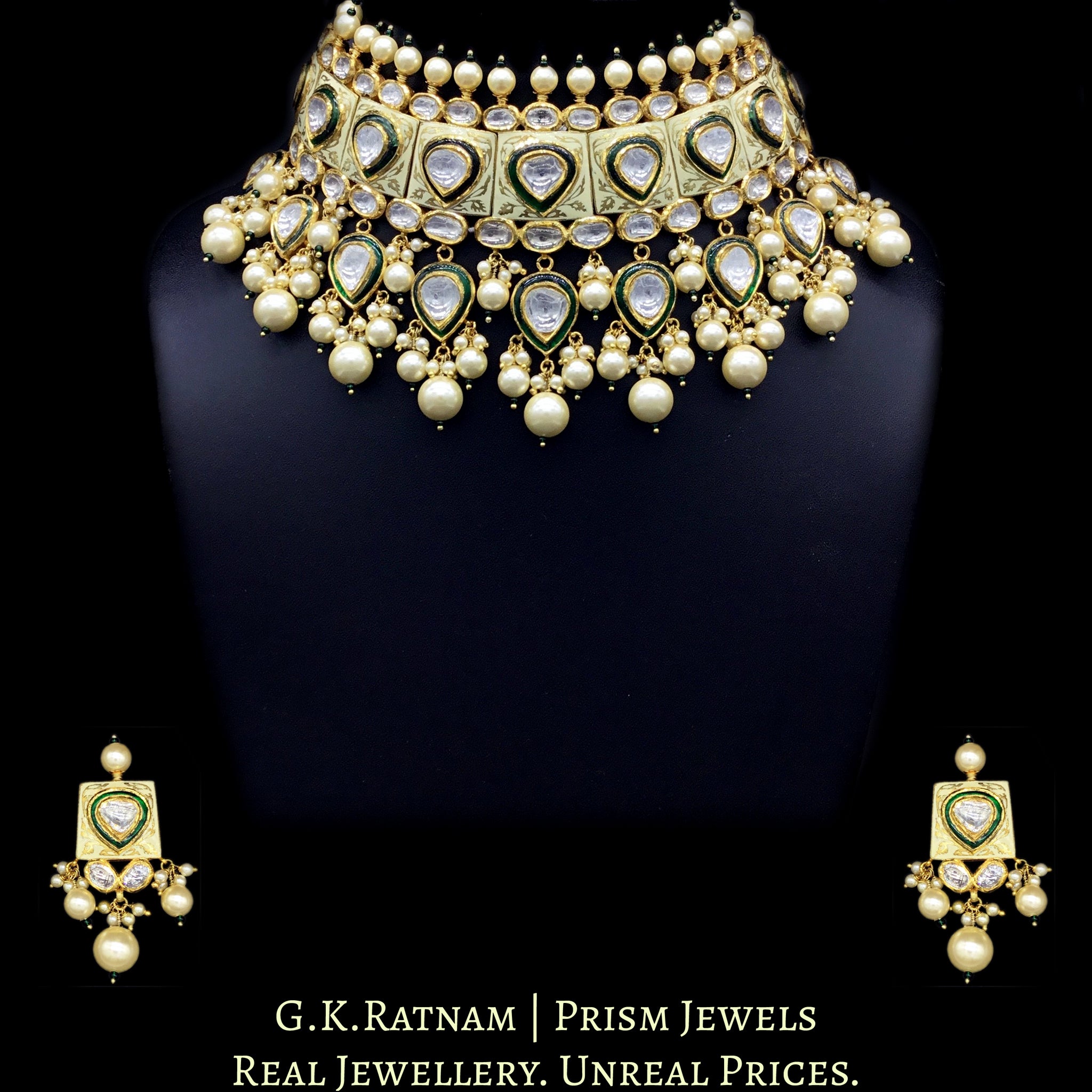 18k Gold and Diamond Polki cream enamel Choker Necklace Set with lustrous shell pearls