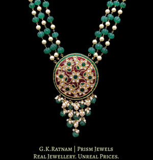 23k Gold and Diamond Polki red-green round Pendant with carved melons and pearls