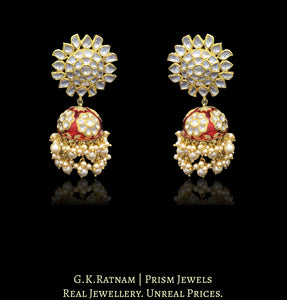 18k Gold and Diamond Polki red enamel Jhumki Earring Pair with big karanphools - G. K. Ratnam