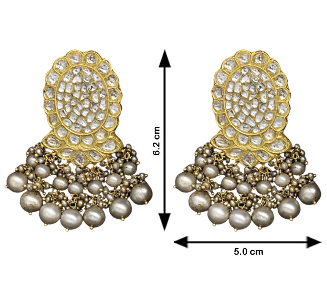 23k Gold and Diamond Polki Navratna Necklace Set with Antiqued Freshwater Pearls