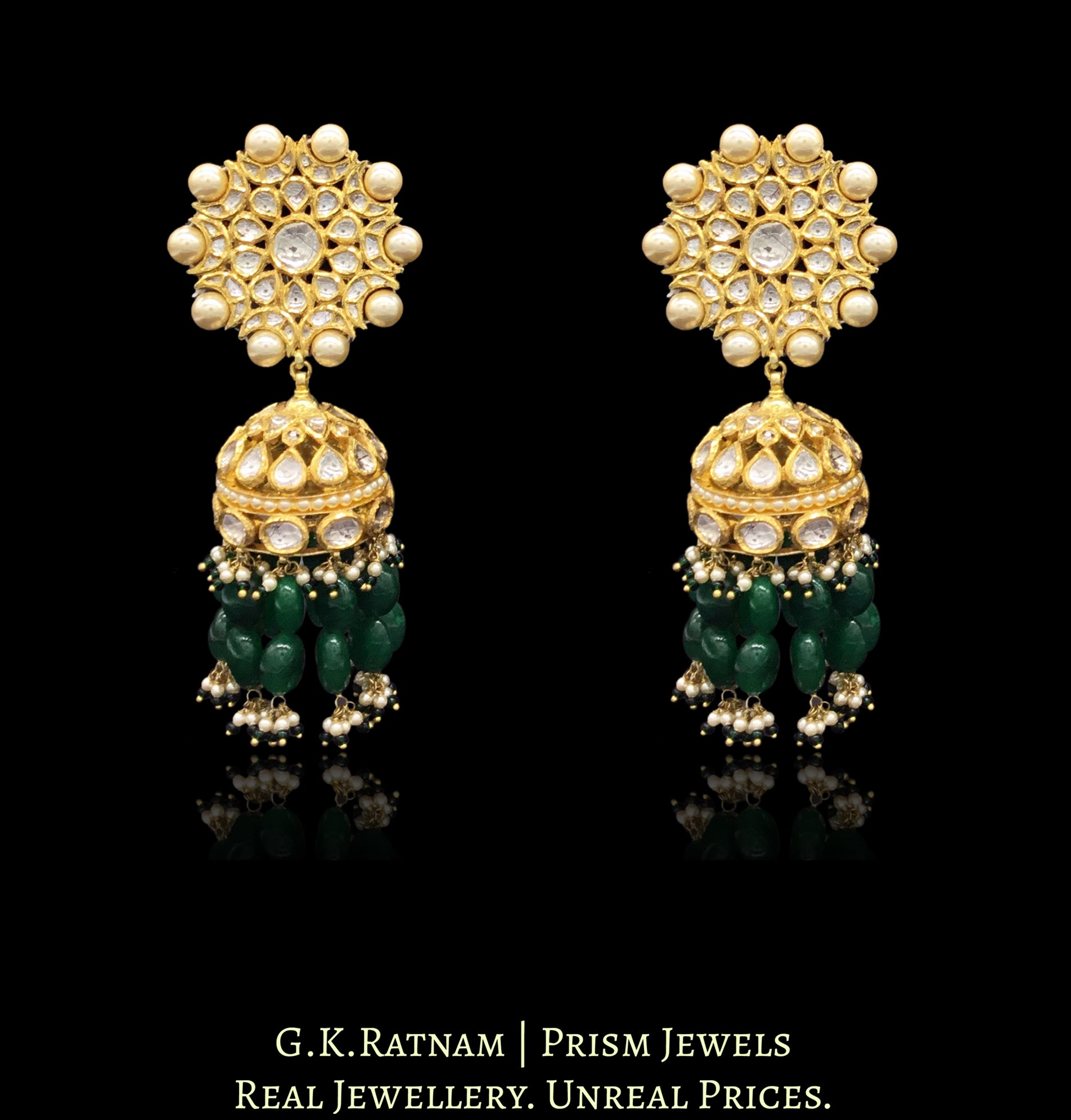 18k Gold and Diamond Polki Karanphool Jhumki Earring Pair with emerald-grade green beryls - G. K. Ratnam