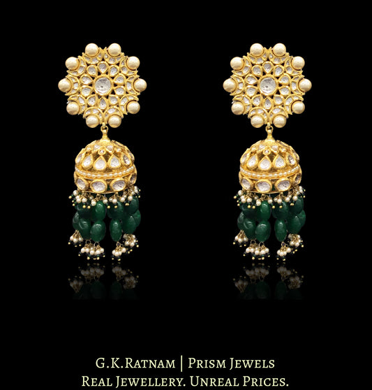 18k Gold and Diamond Polki Karanphool Jhumki Earring Pair with emerald-grade green beryls - G. K. Ratnam