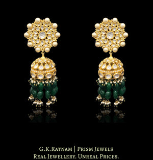 18k Gold and Diamond Polki Karanphool Jhumki Earring Pair with emerald-grade green beryls - G. K. Ratnam